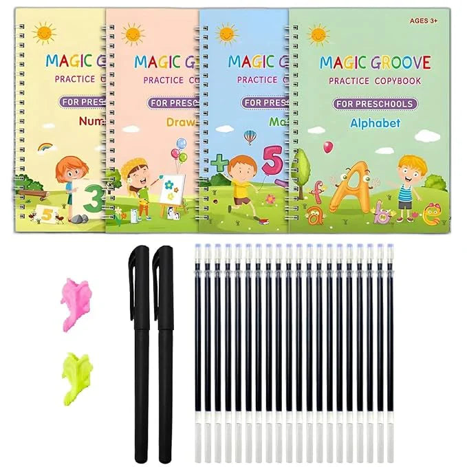 Sank Magic Handwriting Copybook – 4 Books, 1 Pen, 1 Grip & 10 Refills (Reusable Handwriting Workbook)