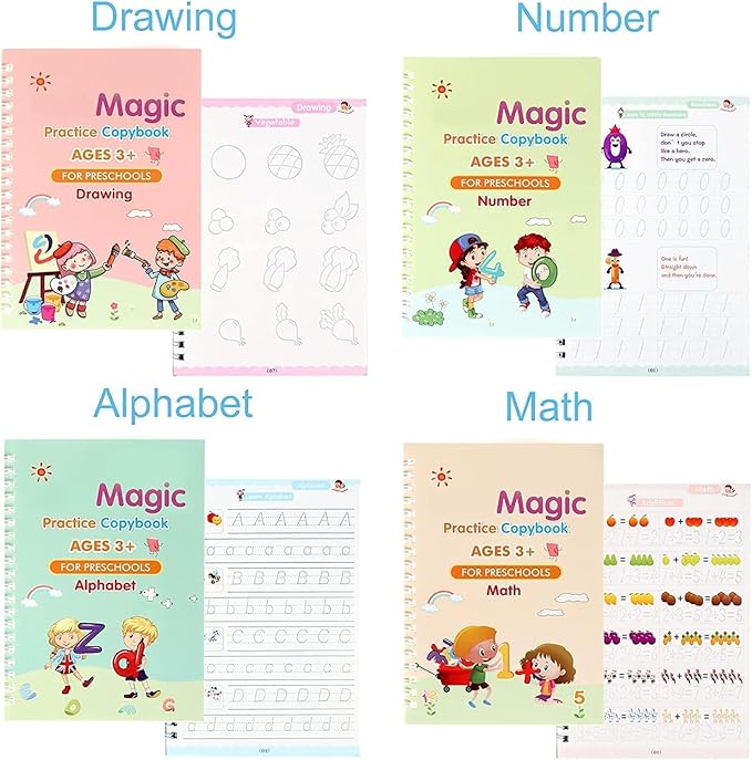 Sank Magic Handwriting Copybook – 4 Books, 1 Pen, 1 Grip & 10 Refills (Reusable Handwriting Workbook)