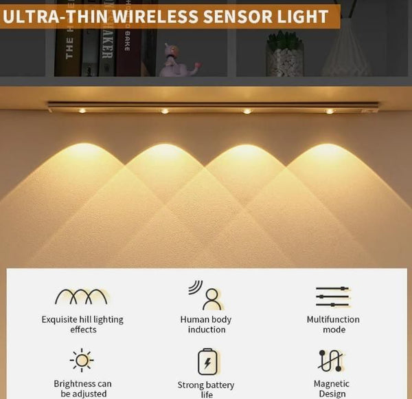 LED Motion Sensor Cabinet Light – USB Rechargeable, Wireless Stick-On Lamp (Warm & White Light)