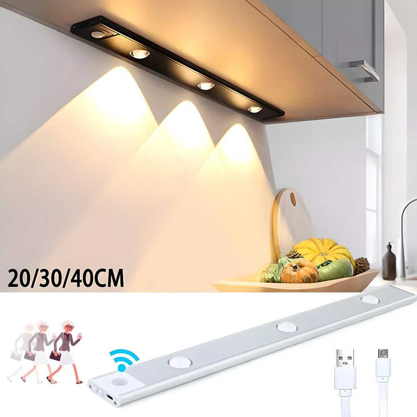 LED Motion Sensor Cabinet Light – USB Rechargeable, Wireless Stick-On Lamp (Warm & White Light)