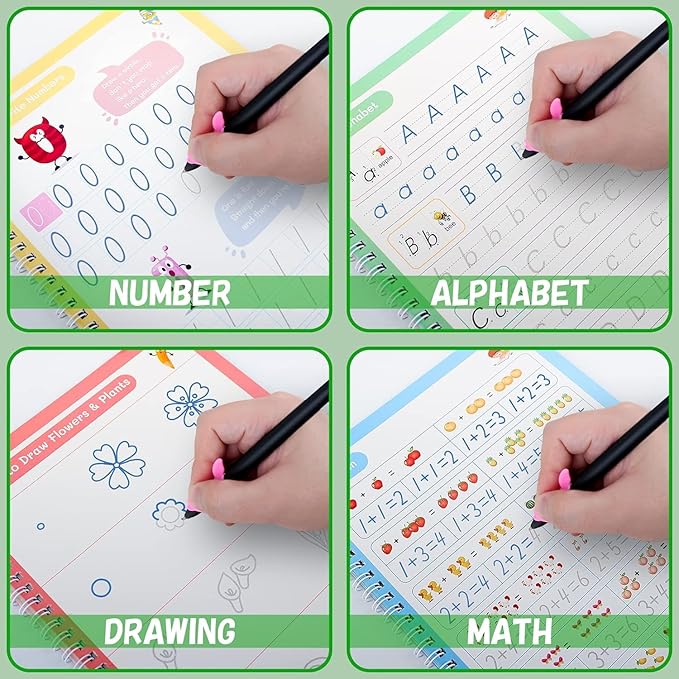 Sank Magic Handwriting Copybook – 4 Books, 1 Pen, 1 Grip & 10 Refills (Reusable Handwriting Workbook)